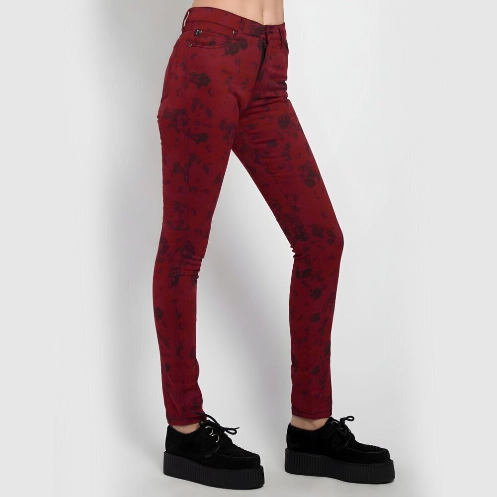 Tripp NYC ✦ Wine Red Skinny Jeans ✦ Black Floral Print High Waist Stretch 26 NWT - Picture 2 of 7
